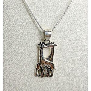 925 Silver Kissing Giraffes Pendant Necklace 14" Box Chain Gift Ready
